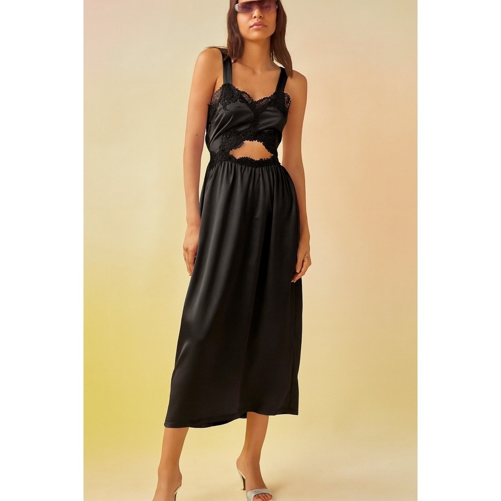 NWT TACH CLOTHING HELEN SATIN MIDI DRESS Black Sz Medium $277‎